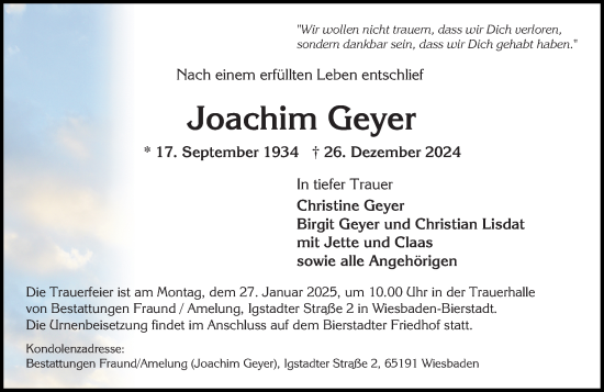 Traueranzeige von Joachim Geyer von Wiesbadener Kurier
