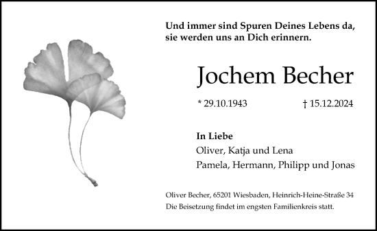 Traueranzeige von Jochem Becher von Allgemeine Zeitung Mainz