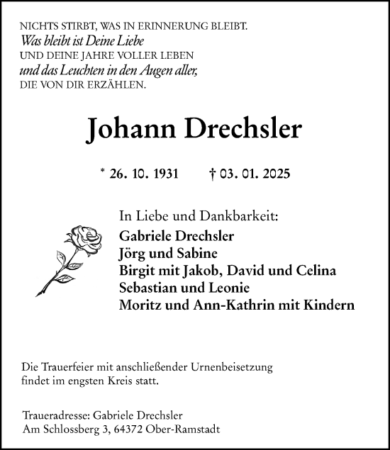 Traueranzeige von Johann Drechsler von Darmstädter Echo