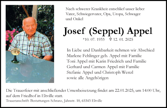 Traueranzeige von Josef Appel von Rheingau Kurier