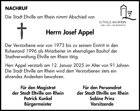 Traueranzeige von Josef Appel von Rheingau Kurier