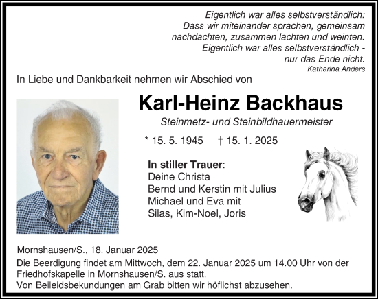 Traueranzeige von Karl-Heinz Backhaus von Hinterländer Anzeiger