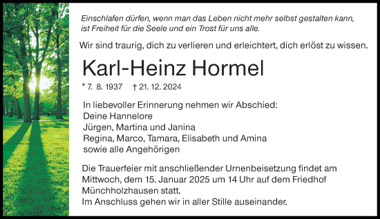 Traueranzeige von Karl-Heinz Hormel von Wetzlarer Neue Zeitung