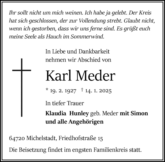 Traueranzeige von Karl Meder von Odenwälder Echo