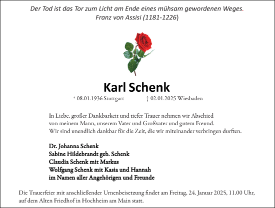 Traueranzeige von Karl Schenk von Hochheimer Zeitung