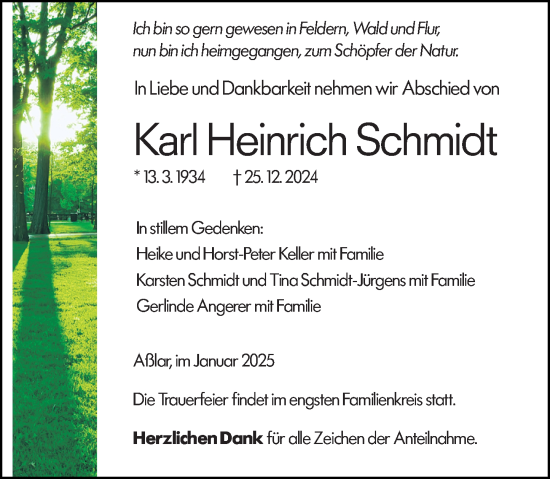 Traueranzeige von Karl Heinrich Schmidt von Wetzlarer Neue Zeitung