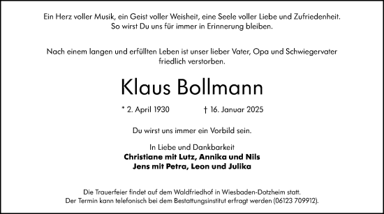 Traueranzeige von Klaus Bollmann von Wiesbadener Kurier