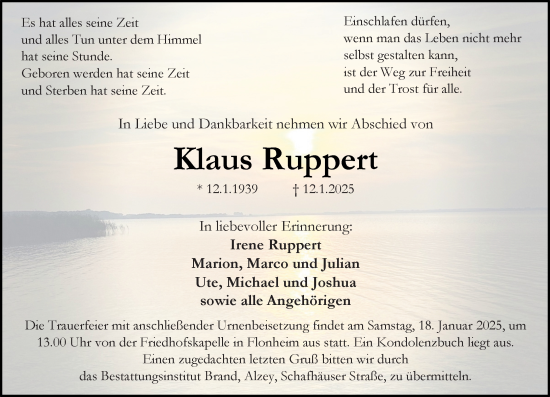 Traueranzeige von Klaus Ruppert von Allgemeine Zeitung Alzey