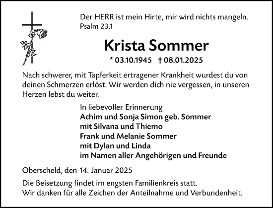 Traueranzeige von Krista Sommer von Dill Block