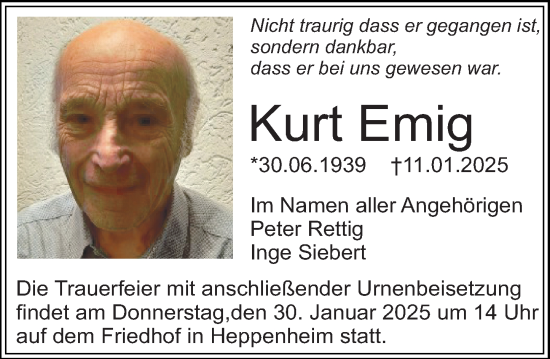 Traueranzeige von Kurt Emig von Starkenburger Echo