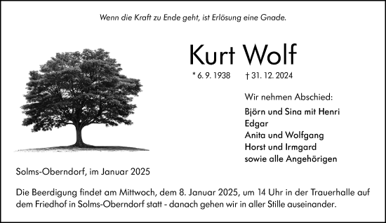 Traueranzeige von Kurt Wolf von Wetzlarer Neue Zeitung