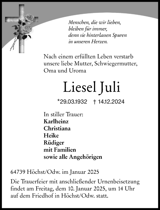 Traueranzeige von Liesel Juli von Odenwälder Echo