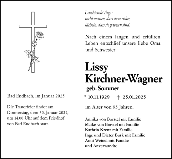 Traueranzeige von Lissy Kirchner-Wagner von Hinterländer Anzeiger