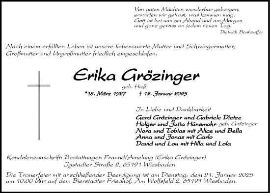 Traueranzeige von Lois Alzinger von Wiesbadener Kurier