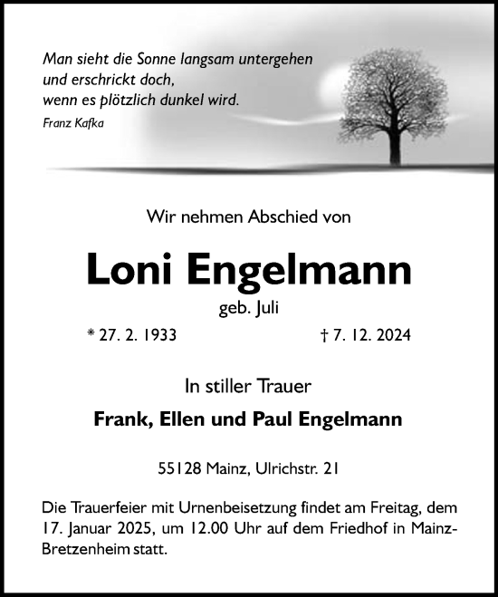 Traueranzeige von Loni Engelmann von Allgemeine Zeitung Mainz