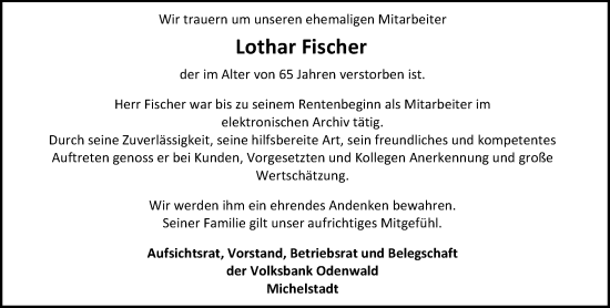 Traueranzeige von Lothar Fischer von Odenwälder Echo
