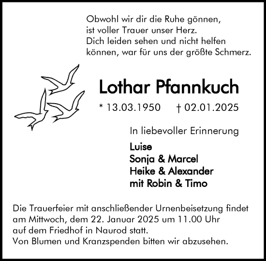 Traueranzeige von Lothar Pfannkuch von Wiesbadener Kurier