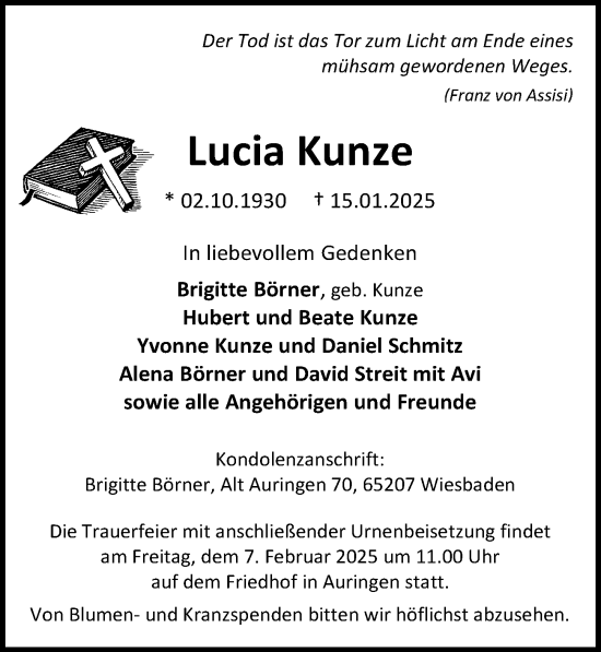 Traueranzeige von Lucia Kunze von Wiesbadener Kurier