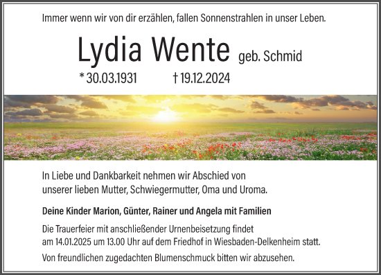 Traueranzeige von Lydia Wente von Wiesbadener Kurier