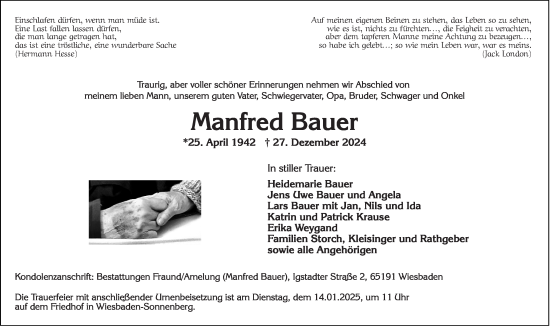 Traueranzeige von Manfred Bauer von Wiesbadener Kurier