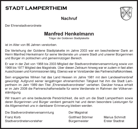 Traueranzeige von Manfred Henkelmann von Starkenburger Echo