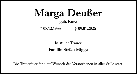 Traueranzeige von Marga Deußer von Wiesbadener Kurier