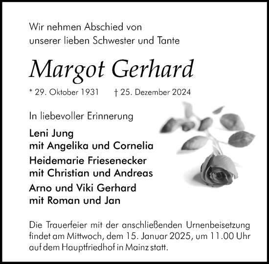 Traueranzeige von Margot Gerhard von Allgemeine Zeitung Mainz