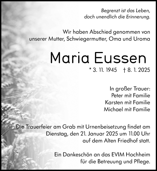 Traueranzeige von Maria Eussen von Hochheimer Zeitung