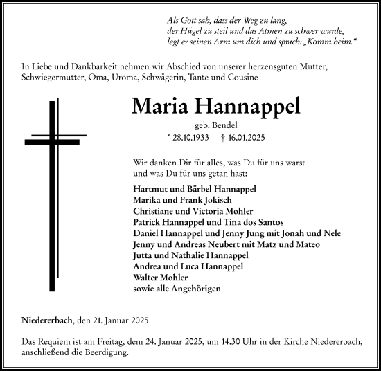 Traueranzeige von Maria Hannappel von Nassauische Neue Presse