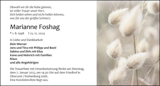 Traueranzeige von Marianne Foshag von Odenwälder Echo