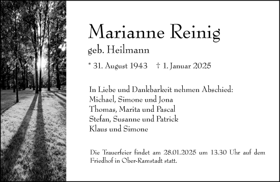 Traueranzeige von Marianne Reinig von Darmstädter Echo