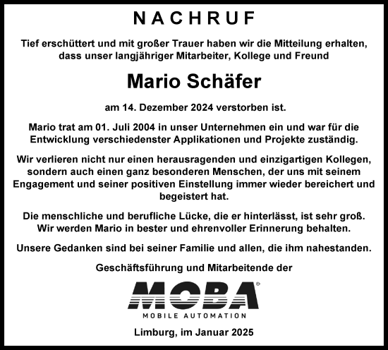 Traueranzeige von Mario Schäfer von Nassauische Neue Presse