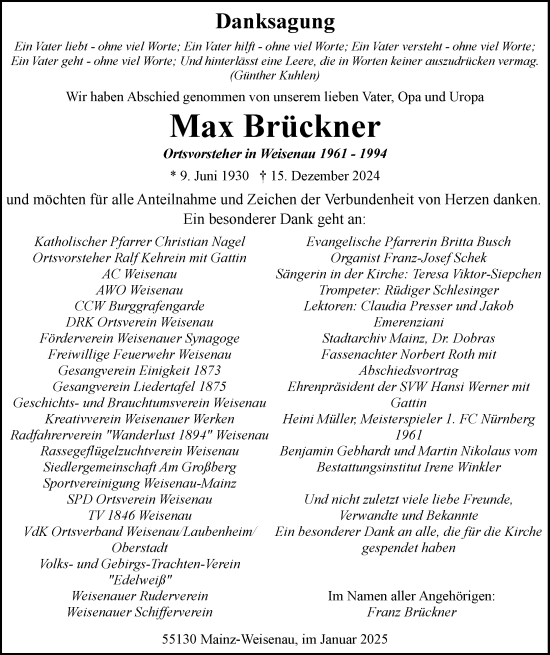 Traueranzeige von Max Brückner von Allgemeine Zeitung Mainz