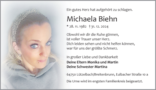 Traueranzeige von Michaela Biehn von Odenwälder Echo