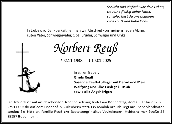 Traueranzeige von Norbert Reuß von Allgemeine Zeitung Mainz