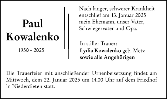 Traueranzeige von Paul Kowalenko von Hinterländer Anzeiger