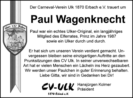 Traueranzeige von Paul Wagenknecht von Odenwälder Echo