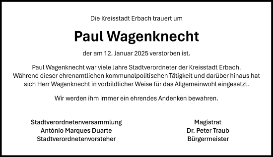 Traueranzeige von Paul Wagenknecht von Odenwälder Echo