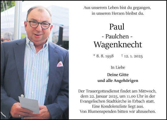 Traueranzeige von Paul Wagenknecht von Odenwälder Echo