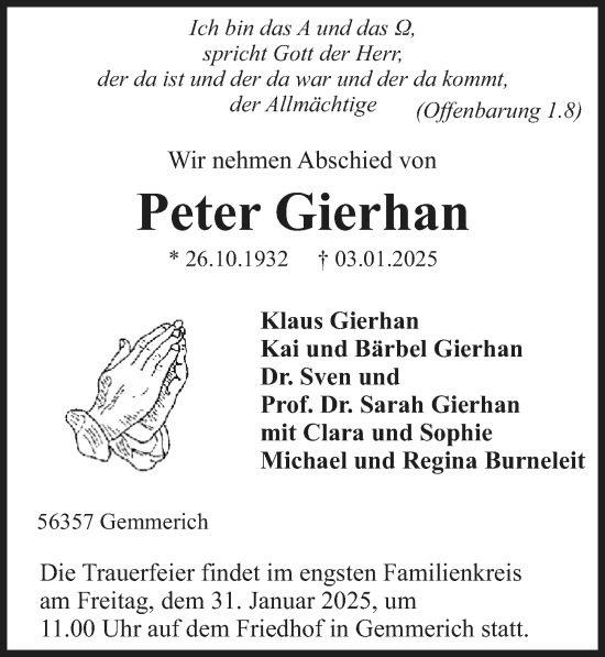 Traueranzeige von Peter Gierhan von Wiesbadener Kurier