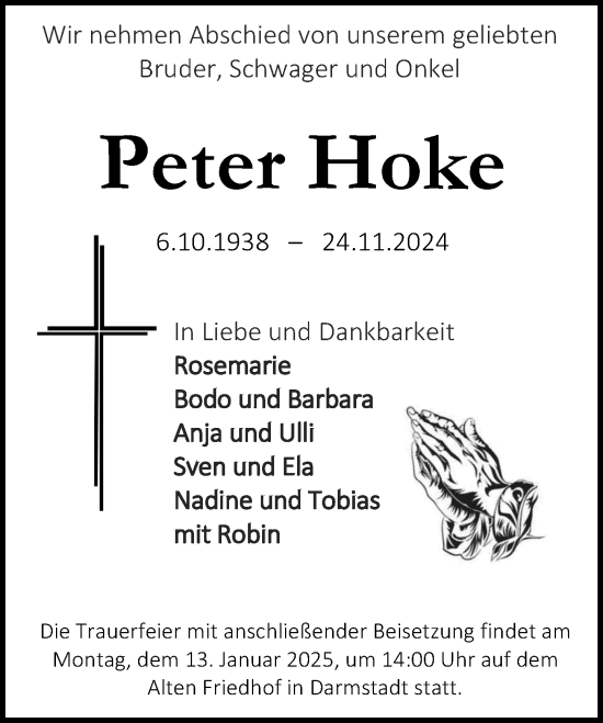 Traueranzeige von Peter Hoke von Darmstädter Echo