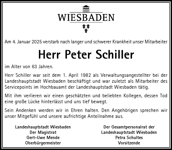 Traueranzeige von Peter Schiller von Wiesbadener Kurier