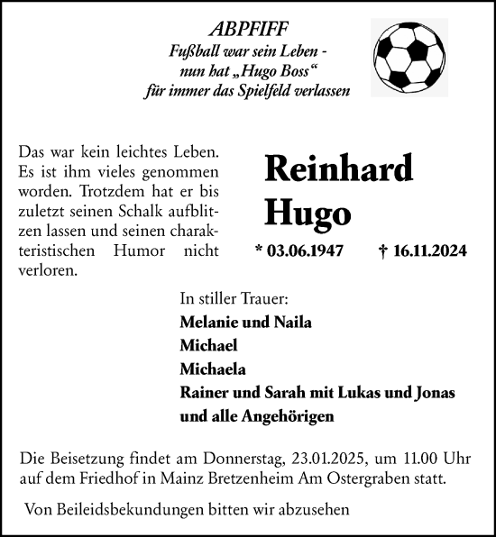 Traueranzeige von Reinhard Hugo von Allgemeine Zeitung Mainz