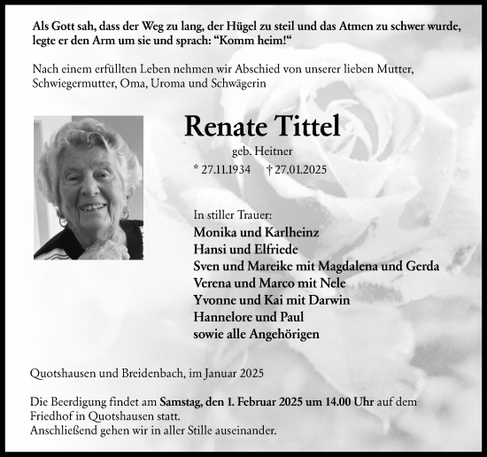 Traueranzeige von Renate Tittel von Hinterländer Anzeiger