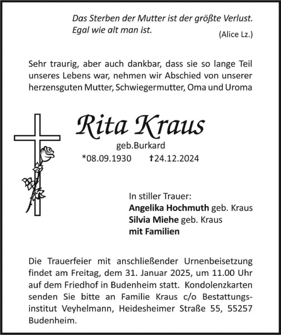 Traueranzeige von Rita Kraus von Allgemeine Zeitung Mainz