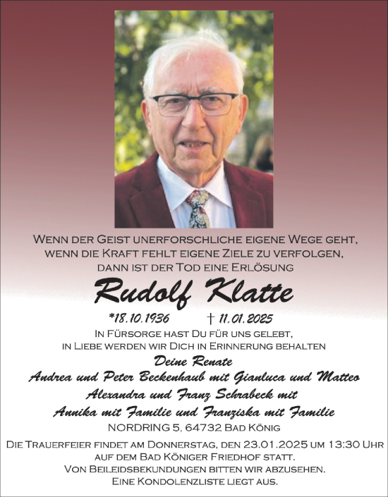 Traueranzeige von Rudolf Klatte von Odenwälder Echo