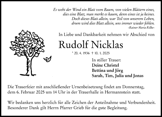Traueranzeige von Rudolf Nicklas von Wetzlarer Neue Zeitung