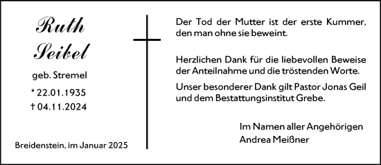 Traueranzeige von Ruth Seibel von Hinterländer Anzeiger