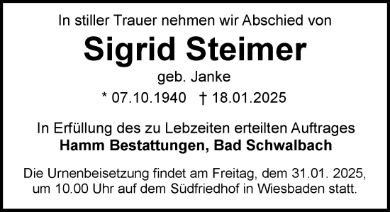 Traueranzeige von Sigrid Steimer von Wiesbadener Kurier