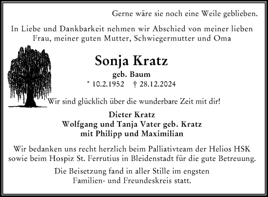 Traueranzeige von Sonja Kratz von Wiesbadener Kurier